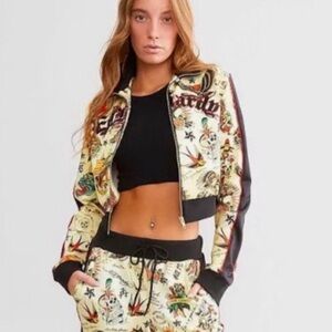 Ed Hardy Y2K throwback iconic graphic print crop bomber style track jacket sz XL